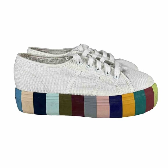 Superga Shoes - Superga Shoes 6.5 Womens White Multicolor Stripes Rainbow Lace Up Platform Pride